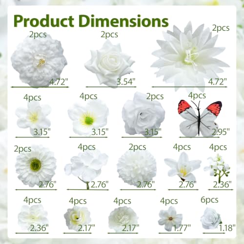 Artificial Flowers Heads White Silk Faux Flower Heads Fake Roses Peonies Orchid Lily Flowers Bulk for DIY Craft Cake Wedding Party Bridal Baby Shower Graduation Cap Table Home Decoration - color: White