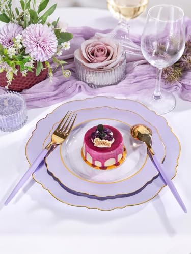 WDF 60pcs Clear Purple Plates Disposable with Gold Rim - Baroque Lavender Purple Plastic Plates for Party/Wedding/Spring/Picnic - color: Purple and Gold, size: 60PCS