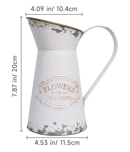 Yoillione White Metal Flower Vase, Vintage Farmhouse Decorative Jug Pitcher, French Rustic for Tabletop Home Kitchen Decor - color: White Jug, size: Small