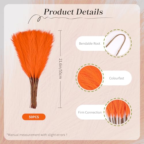 50pcs Orange Pampas Grass 21.6 Inch Non-Shedding Faux Pampas for Vibrant Warm Home, Boho Weddings and Terracotta Tone Vase Arrangements - color: Orange