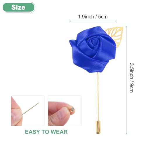 M METERXITY 1-Pack Flower Lapel Pins for Men, Golden Leaf Rose Boutonnieres Pin Groom Boutonnieres for Wedding/Dance/Party, Men Lapel Pins for Suits Satin Flower Corsage [Sapphire Blue] - color: Sapphire Blue