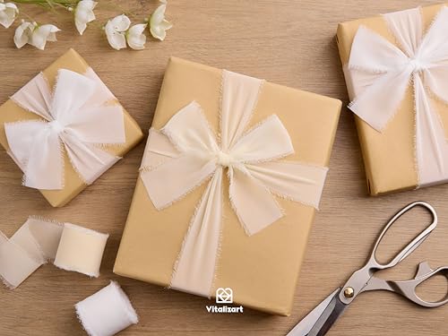 Vitalizart White Handmade Chiffon Silk Ribbon Fringe 1.5" x 21 Yd Frayed Edges Ribbons for Wedding Invitations Bridal Bouquets Gifts Wrapping Crafts Holiday Party Decorations - color: Cream & Off White