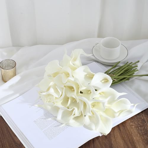 24 Pcs White Artificial Calla Lily Flower White Fake Silk Flowers Real Touch for Wedding Bouquet Office Home Kitchen Decor - color: Pure-white