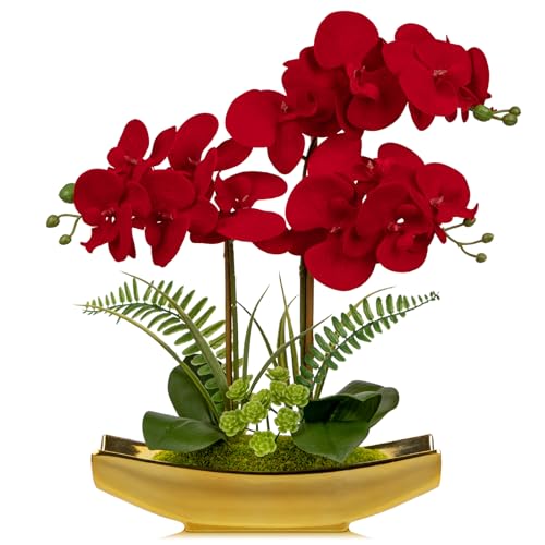 Briful Orchid Artificial Flowers 17" Silk Red Orchid Floral Arrangement with Gold Pot Real Touch Faux Orchid Plant for Home Office Room Kitchen Table Centerpiece Shelf Decor - color: Red Gold