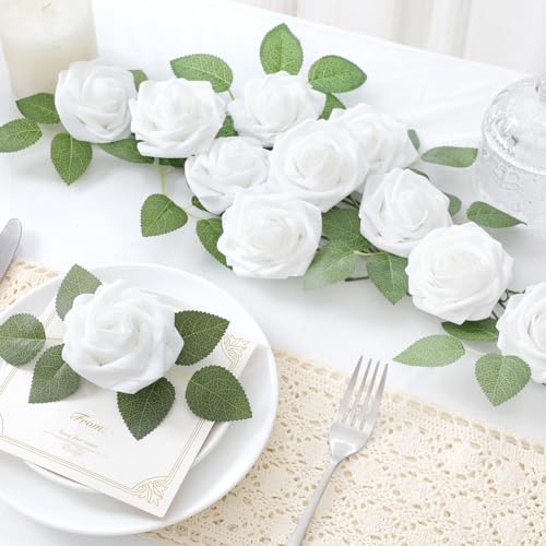 DerBlue 60pcs Artificial Roses Flowers with stem and 10pcs Green Leaves Real Looking Fake Roses Artificial Foam Roses Decoration DIY for Wedding,Arrangements Party Home Decorations - color: White