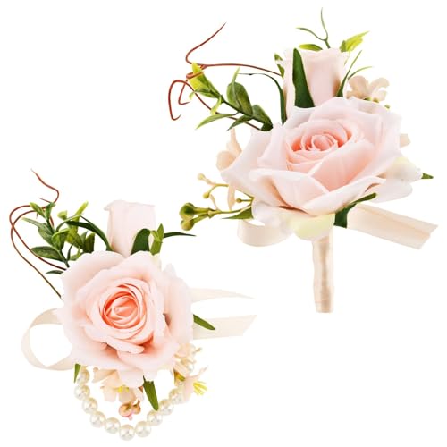 Artificial Rose Corsage & Wrist Corsage Set, Rose Wrist Flower Wristlet Bracelet Groom Best Man Boutonniere, for Prom Suit Decorations Wedding Party Flower Accessories(Color:Pink) - color: Pink