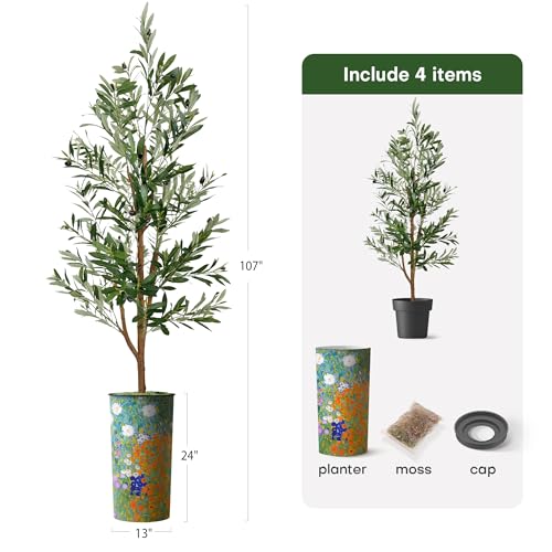 Artificial Tree in Colorful Flower Pattern Planter, Fake Olive Silk Tree for Indoor and Outdoor Home Decoration - 68" Overall Tall (Plant Pot Plus Tree) - style: Olive Tree