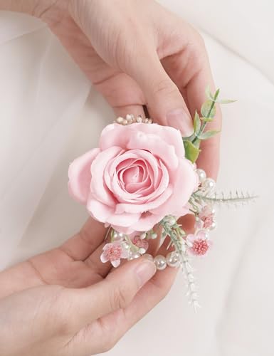 Alizeal 2Pcs of Wrist Corsage and Boutonniere Set, Artificial Flowers Accessories Suit Decor for Wedding Prom Party Homecoming Ceremony, Pink - color: 701-pink