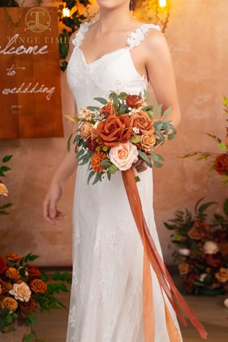 TINGE TIME Wedding Bouquets for Bride, 9 Inch Handcrafted Silk Bridal Flowers Bouquets for Fall Wedding Ceremony, Gift for Bridesmaid, Bouquet for Party Church Decoration (Brunt Orange) - color: Terracotta
