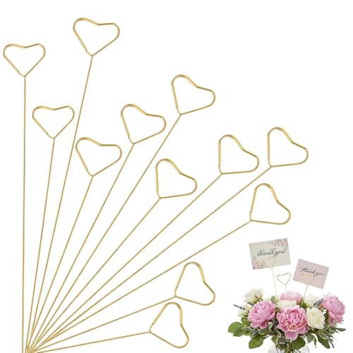 40Pcs Floral Card Holder Picks Gold Metal Wire Flower Card Stick 12 Inch Picture Photo Memo Gift Cards Holder Sticks for Floral Arrangement Bouquet Wedding Decoration Flower Pick for Cards Heart