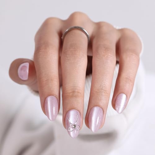 32Pcs Soft Gel Press on Nails for Women, Pink Cat Eye, Short Almond | Metal Chrome Bow Art False Fake Nails Press Ons for Office Daily Wear, Salon Quality Reusable Glue & Stick on Nail Gift Kit - color: 3H-Rose Sparkle