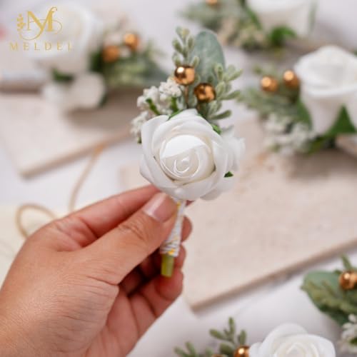 White Rose Boutonniere for Men, Faux Foam Flower for Wedding 6Pcs | Fake Foam Rose Boutonnieres for Wedding Prom Groom and Groomsman Ceremony Anniversary Party Homecoming - color: 6pcs White Boutonniere