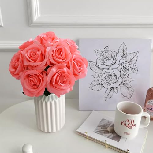 10 Pcs Peach Rose Artificial Flower, Faux Silk Flowers With Long Stems, Fake Roses Bulk Bouquet for Decoration Valentine's Day Centerpieces Proposal Bridal Bouquets Shower Party Home Floral Decor - color: Peach