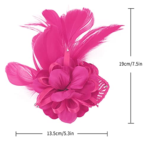Song Qing Women's Fascinator Feather Flower Pin Brooch Corsage Bridal Hairband Derby Hat Cocktail Party Wedding - color: A5 Rose