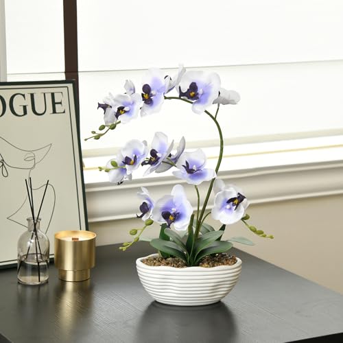 19" H Phalaenopsis Faux Orchid Plant Silk Orchid Centerpiece Artificial Floral Arrangement in Ceramic Pot (White and Purple) - color: White and Purple