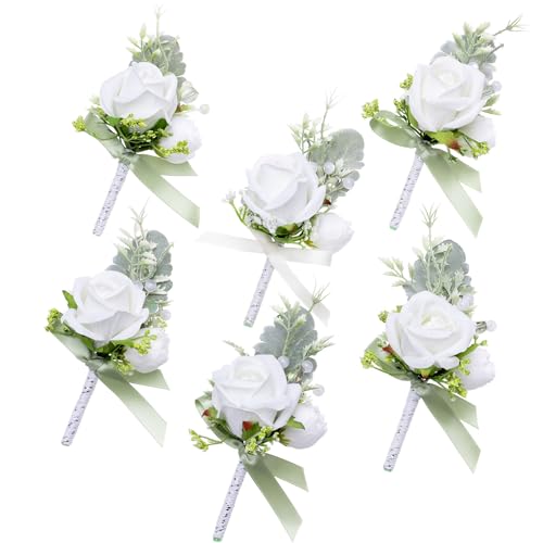 Fnize White Boutonniere for Men, 6 Pcs Groom Groomsmen Boutonnieres, Artificial Flowers for Wedding Prom Homecoming - color: White