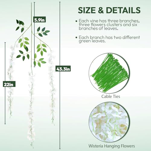24 Pack Wisteria Hanging Flowers, Fake Hanging Flowers, 3.61 Ft Artificial Flower Vines Strings, Silk Wisteria Flowers for Home Wedding Arch Outdoor Party Garden Yard Decor (White) - color: White, size: 24 Pack