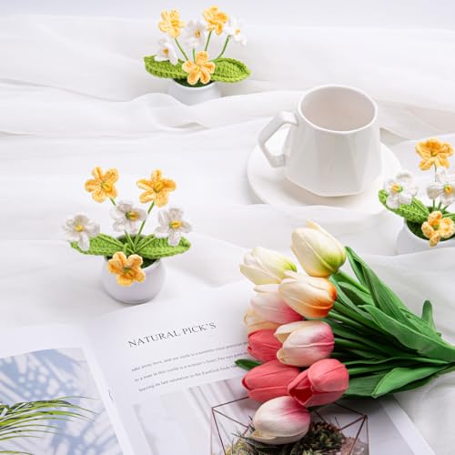 LAIDANLA Crochet Flowers Forget Me Not Gradient Yellow Handmade Crochet Flower Potted Plant for Desk, Anniversary Graduation Appreciation Birthday Small Gifts for Women Teacher Mom Coworker Friend - color: Ombre Yellow