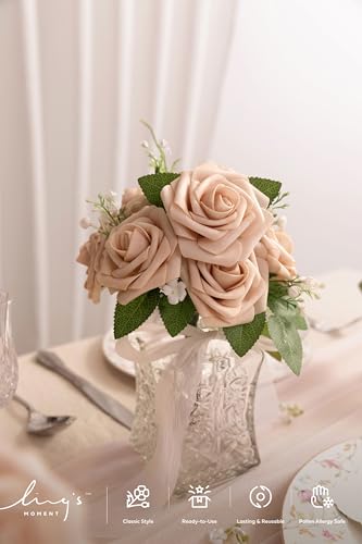 Ling's moment Artificial Flowers 25Pcs Nude Roses Decor w/Stems,3" Real Touch DIY Foam Floral for Wedding Bouquet/Centerpieces, Outdoors Party Backdrop, Room/Table, and Garden/Pot Decorations - color: Br-nude, size: 25Pcs