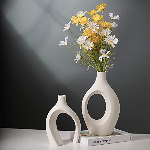 Liotww Extra Large Hollow Nordic Modern Ceramic Vases Set of 2, Milky White Aesthetic Round Donut Boho ins Style Flower Decorative Vase for Room Home Book Shelf Table Decor (Matte W 8" X H 11") - color: Super Large-matte Milky White