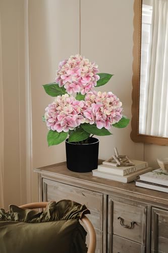 Hollyone Pink Hydrangea Artificial Flowers in Pot Large Silk Hydrangeas Flowers Fake Flowers Arrangements for Indoor Home Office Kitchen Table Centerpieces Wedding Decorations - color: Pink, size: 3 Head Hydrangea