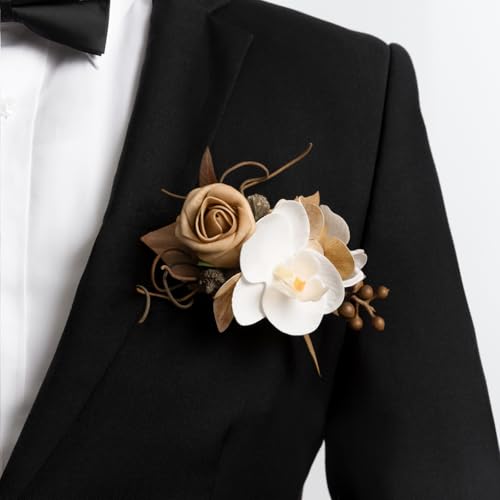Ling's moment Pocket Boutonniere Single, Boutonniere for Men Groom for Wedding, Prom, Homecoming, Anniversary, Graduation, etc.Tawny Beige White Orchid, 6" W x 5" H - color: Brn-tawny Beige & White Orchid, size: 6" W x 5" H