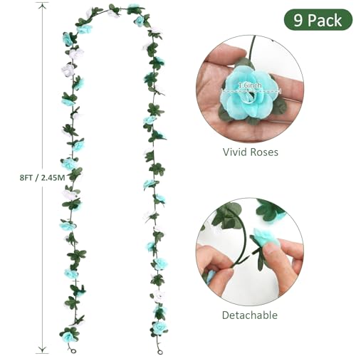 KHOYIME 9 Pack 72 FT Artificial Flower Garland, Fake Blue White Roses Vines Silk Flowers Faux Plastic Outdoor Hanging Floral Ivy Garland Decoration for Wedding Arch Bedroom Home Wall Backdrop Decor - color: Blue and White, size: 9pcs