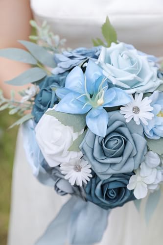 Blue Artificial Flowers Silk Fake Roses Peonies Greenery Combo Box Set for DIY Wedding Bouquets Bridal Shower Centerpieces Floral Arrangements Party Tables Home Decoration - color: Gradient Blue