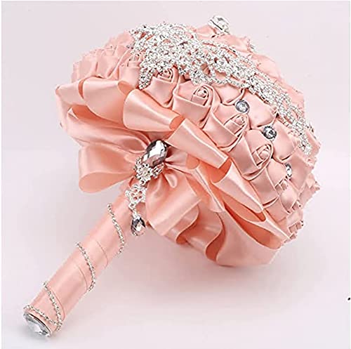 Handmade Luxury Wedding Bridal Bouquet Large Silk Rose Holding Toss Artificial Flowers Bouquets with Satin Ribbon Pearls Rhinestone for Bride Vintage Royal Wedding Bouquet (Champagne Pink) - color: Champagne Pink