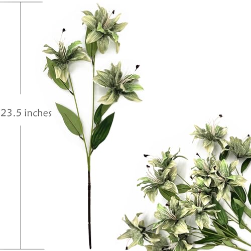 Artificial Lily Flowers Fake Silk Flower Plastic Stems Faux Bloom Stargazer Lilies Plant for Wedding Bouquet Party Garden Hotel Home Decor Vase Floral Arrangements 4 Pack (Green) Total 12 Flower Heads - color: Silk Flowers / Green / 4 Pack