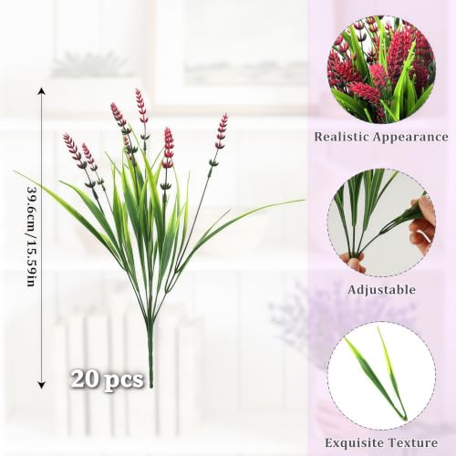 Faux Flowers for Outdoor Planters – 20 Bundles Fake Plants Outdoor, UV Resistant Artificial Plants & Flowers with Fake Monkey Grass, Faux Outdoor Plants for Porch Patio Garden Decor - color: Red Lotus – 20 Bundles