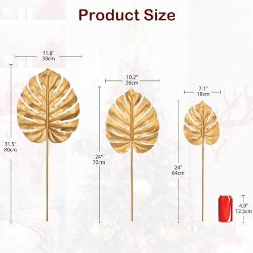 DILATATA 3 Pcs Artificial Monstera Leaves With Long Stem - Golden Tropical Plant, Gold Palm Leaves, Philodendron Fronds for Wedding, Hawaiian Luau, Jungle Party Decorations - color: Monstera#gold Pe 3pcs