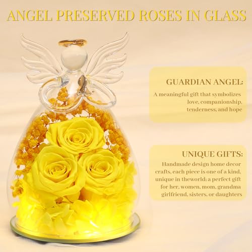 Beferr Gifts for Mom Birthday Gifts for Women, Fresh Flowers for Delivery Forever Preserved Rose in Glass Angel Figurine, Anniversary Christian Real Rose for Grandma Wife Mother from Daughter Son - color: F Yellow