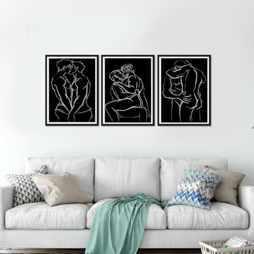 Black and White Gay Lover Canvas Wall Art 3 Panels Nude Man Line Posters Minimalist Male Couple Prints Artwork Wall Decor for Living Room Bedroom Bathroom Hotel Framed Ready to Hang 16x24inchx3pcs - color: Art02, size: 16x24x3Pcs Black Framed