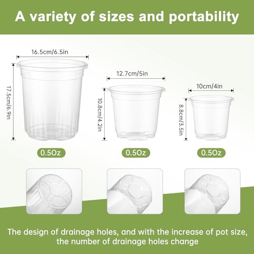 30 Packs 6.5/5/4 Inch Reinforced Clear Nursery Pots for Plants with Drainage Hole, Variety Pack High Transparency Plastic Seedling Plant Pot with 20 Labels - size: 4/5/6 in-30p