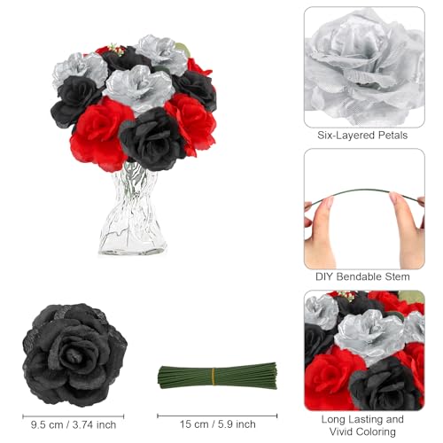 108pcs Roses Head Flowers with Stem - Red & Black Silver Graduation Artificial Flowers Rose Bulk - Silk Rose Fake Flower for Wedding Bouquet Decor DIY Baby Shower Centerpieces Grad Party Tables Decor - color: Silver-red-black