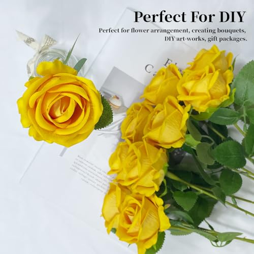 10 PCS Artificial Roses with Long Stems Silk Flowers Realistic Foam Flowers Fake Roses for Valentine's Day Home Wedding Halloween Decor(Yellow) - color: Yellow