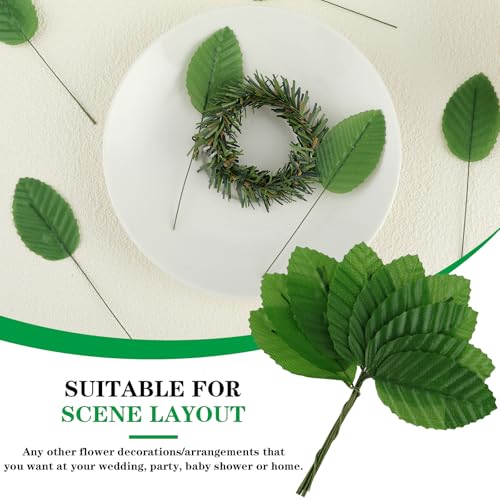 Yolev 200 Pcs Dark Green, Green & Silver Artificial Leaves for Crafts, Silk Fake Leaves, Bulk Faux Wired Single Leaf Wire Plastic Artificial Flowers, Silk Eaves for DIY Wreaths, Wedding, Christmas - color: Dark Green