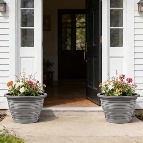 KPUVX Large-Planter-Indoor-Outdoor Plant Pots, 12 inch 3 Pack Plastic Flower Pots with Saucer and Drainage Holes, Retro Antique Imitation Decorative Garden Containers Sets for Houseplant - color: White