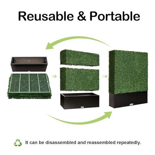 Artificial Boxwood Hedge Wall,Greenery Fake Faux Grass Backdrop Divider with Black Steel Planter Box,Outdoor Privacy Panels for Patio,Balcony,Restaurant,Garden,Party Décor 48" WX64 HX14 D - size: 48"WX64"HX14"D