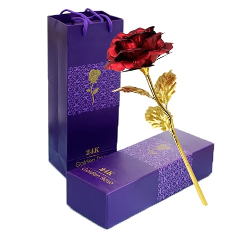 24K Red Rose Flower Creative Artificial Gold Dipped Rose Long Stem Forever Rose with Gift Box and Bag for Mother's Day Valentine's Day Birthday Anniversary Thanksgiving Day