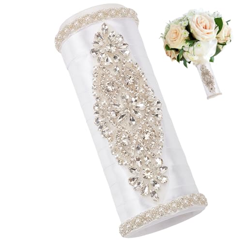 BENECREAT Bouquet Holder, 2 Inch Champagne Royal Satin Wedding Bridal Bouquet Handle Set with Rhinestones, Fresh Flower Artificial Flower Bouquet Holder, Cylinder Bouquet Decor