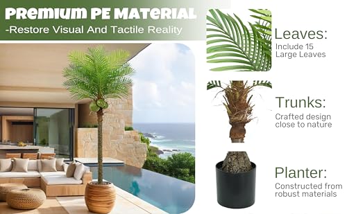 Roselywed Artificial Phoenix Palm Tree 8FT with 15 Leaves & 3 Coconut Fruit & Real Bark Tropical Areca Sago Palm Tall Large Faux Plant 94 Inch Black Pot for Indoor Outdoor Home Poolside Mall Decor - size: 8ft
