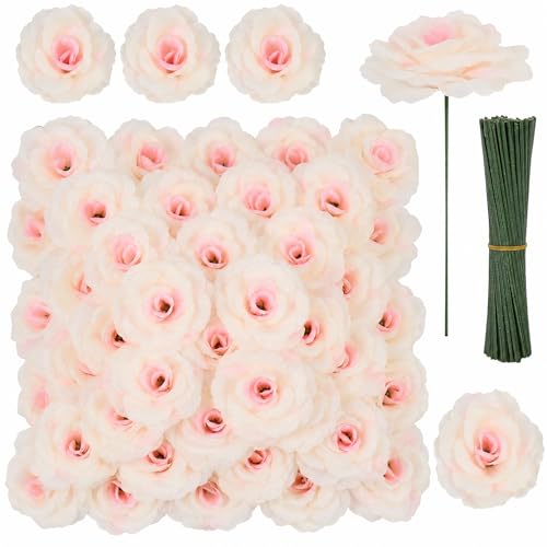 LELEE Rose Head Flowers with Stem, 108pcs Champagne Rose Artificial Flowers Bulk, Silk Rose Fake Flower for Wedding Bouquet Party Home Decor DIY Baby Shower Centerpieces Tables Decoration - color: Champagne