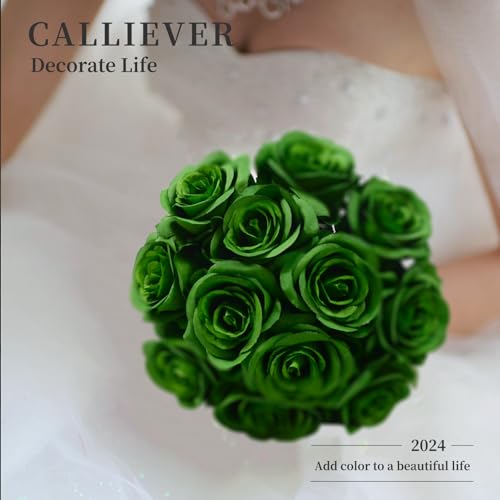 12pcs Rose Artificial Flowers, Fake Rose Silk Flower Bouquet, Faux Roses with Stems - 50cm, Roses Decor for Wedding & Home Decoration (Dark Green) - color: Dark Green