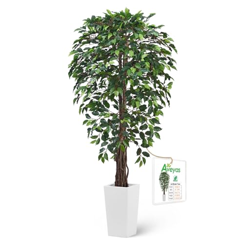 Aveyas 6ft Artificial Ficus Tree for Home Decor with White Pot, 6 Feet Faux Plant Fake Silk Trees for Indoor Outdoor House Living Room Office Garden (6 ft Tall Including Raised Pot) - color: Ficus Tree (6ft)