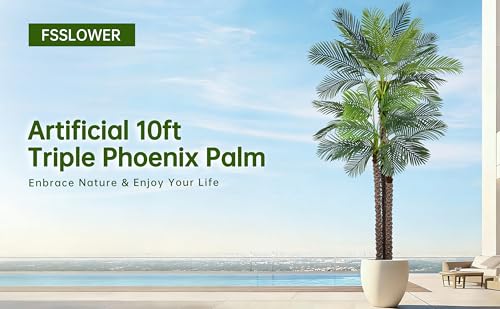 Artificial Triple Phoenix Palm Tree 10ft with 36 Leaves Realistic Tropical Coconut Areca Sago Palm Tall Large Faux Plant 106 Inch Black Pot for Indoor Home Office Porch Mall School Decor - size: 10ft