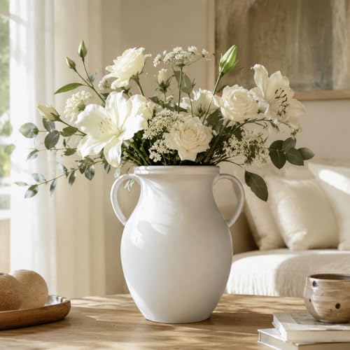 hjn Large Matte White Ceramic Vase for Dried Pampas Grass & Fresh Flowers, Nordic Farmhouse Statement Piece for Living Room Entryway Corner-Large (10" H) - size: D10xH10 inch