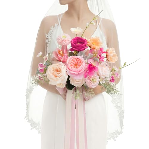 Ling's moment Wedding Bouquets for Bride, Powder Pink & Berry Pink Bridal Bouquets for Bride, 13 Inch Free Form Artificial Wedding Flower Bouquet for Rustic Wedding Ceremony Anniversary - color: Pk- Powder Pink & Berry Pink, size: Small 13 Inch