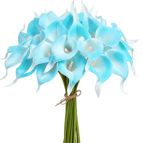 Artificial Calla Lily 12Pcs Real Touch Faux Flowers for Wedding Bouquet, Bride Bridal Shower, Spring Home Kitchen Table Decor, Fake Lilies for Centerpieces, Party Decorations (Peacock Blue) - color: Peacock Blue